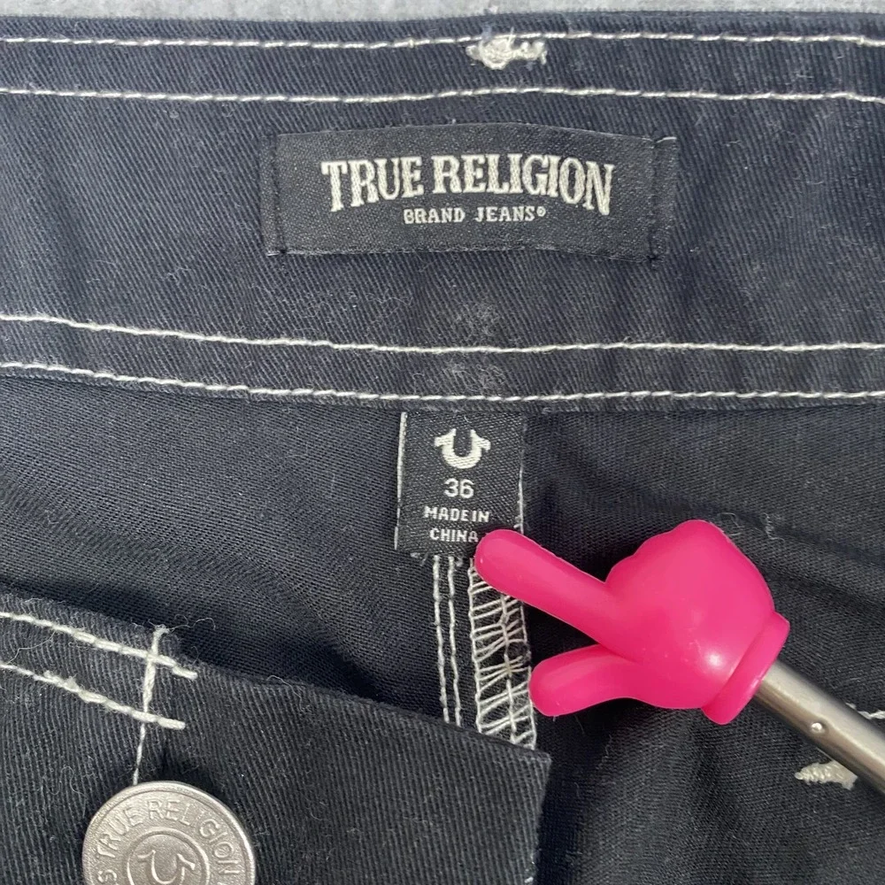 True Religion Cargo Pants Mens 36 Black White Contrast Stitch Horseshoe Logo